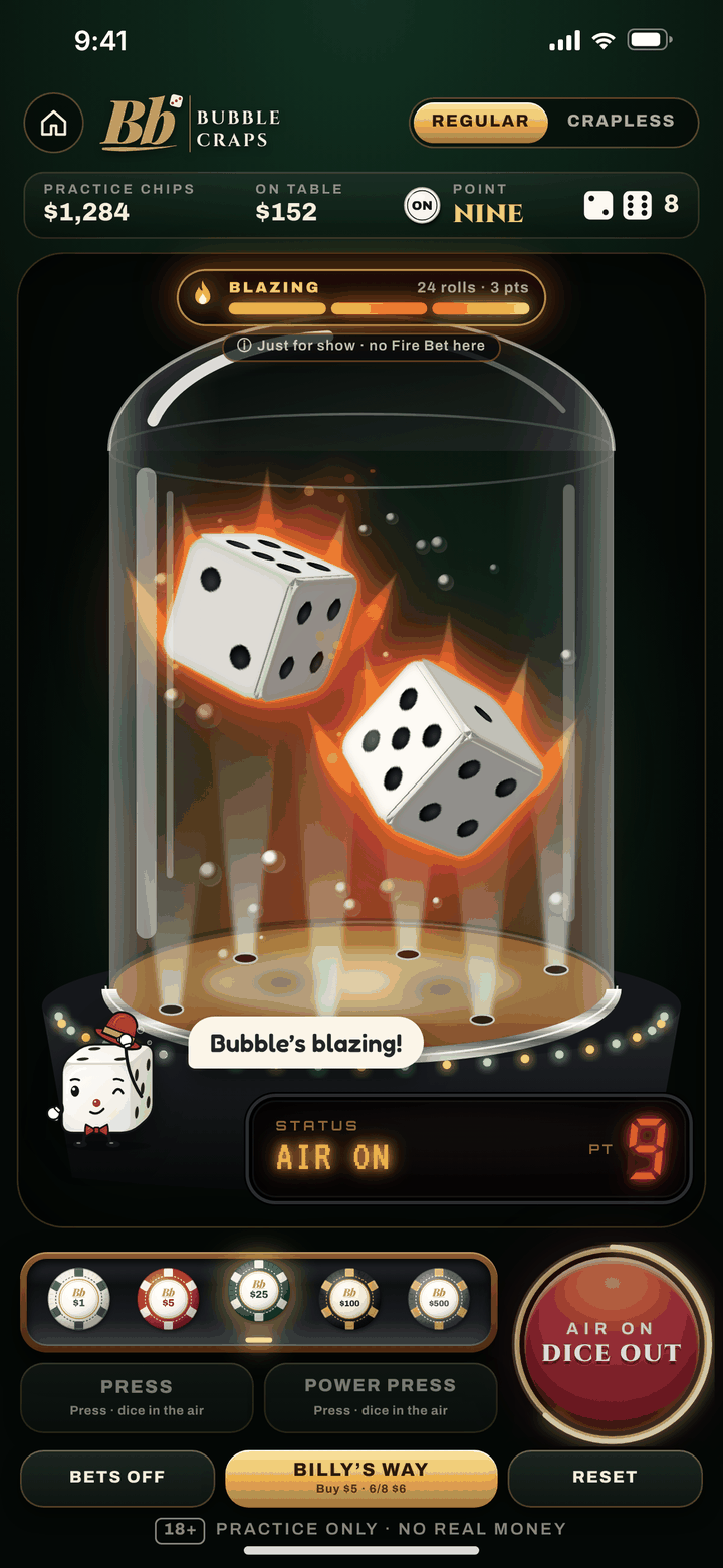 Bubble Craps dome roll screen with two dice in the air