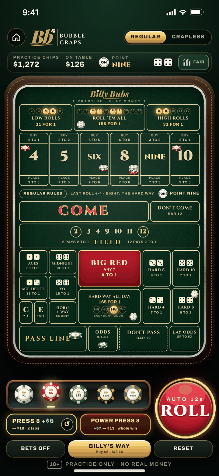 Bubble Craps felt with the PRESS and POWER PRESS buttons beside ROLL