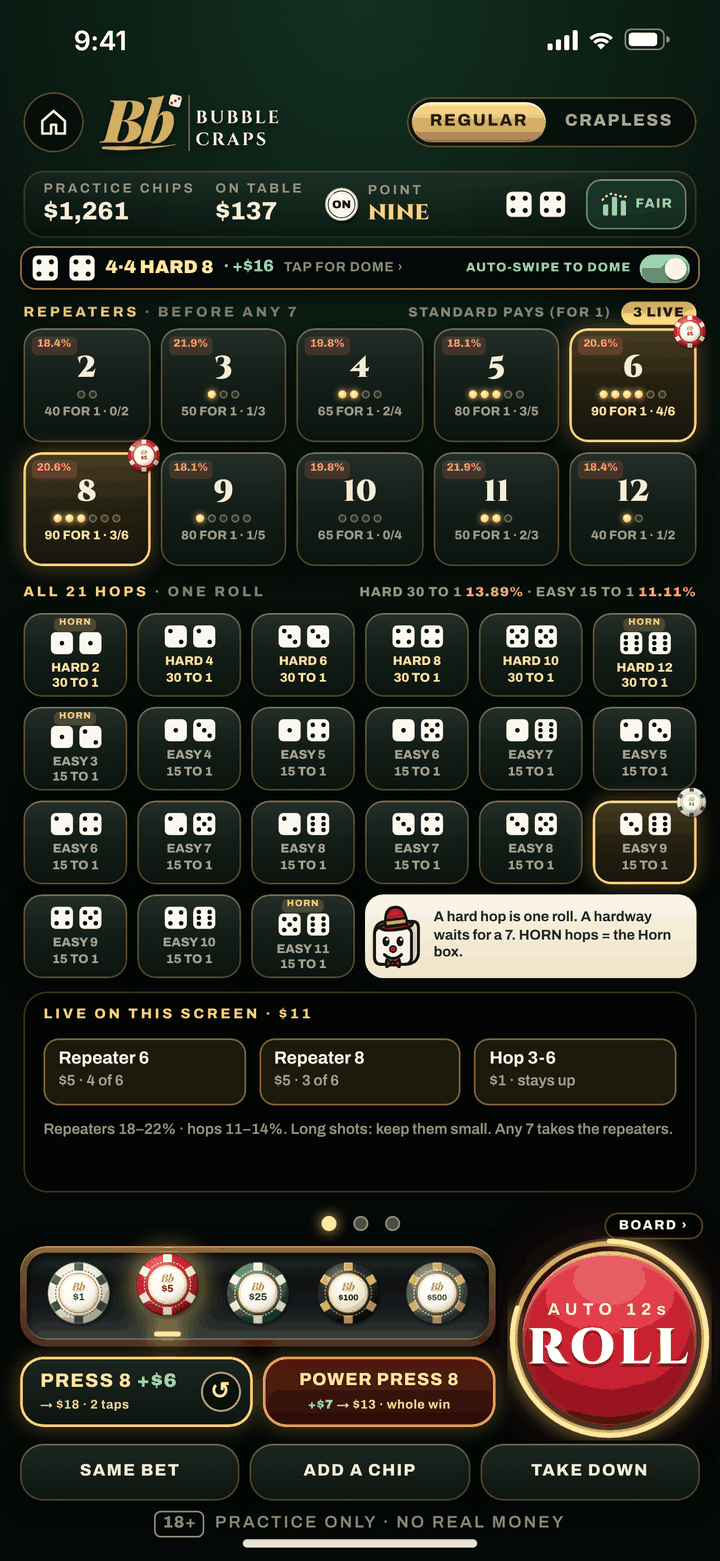 Side bets screen: ten Repeaters and 21 hops