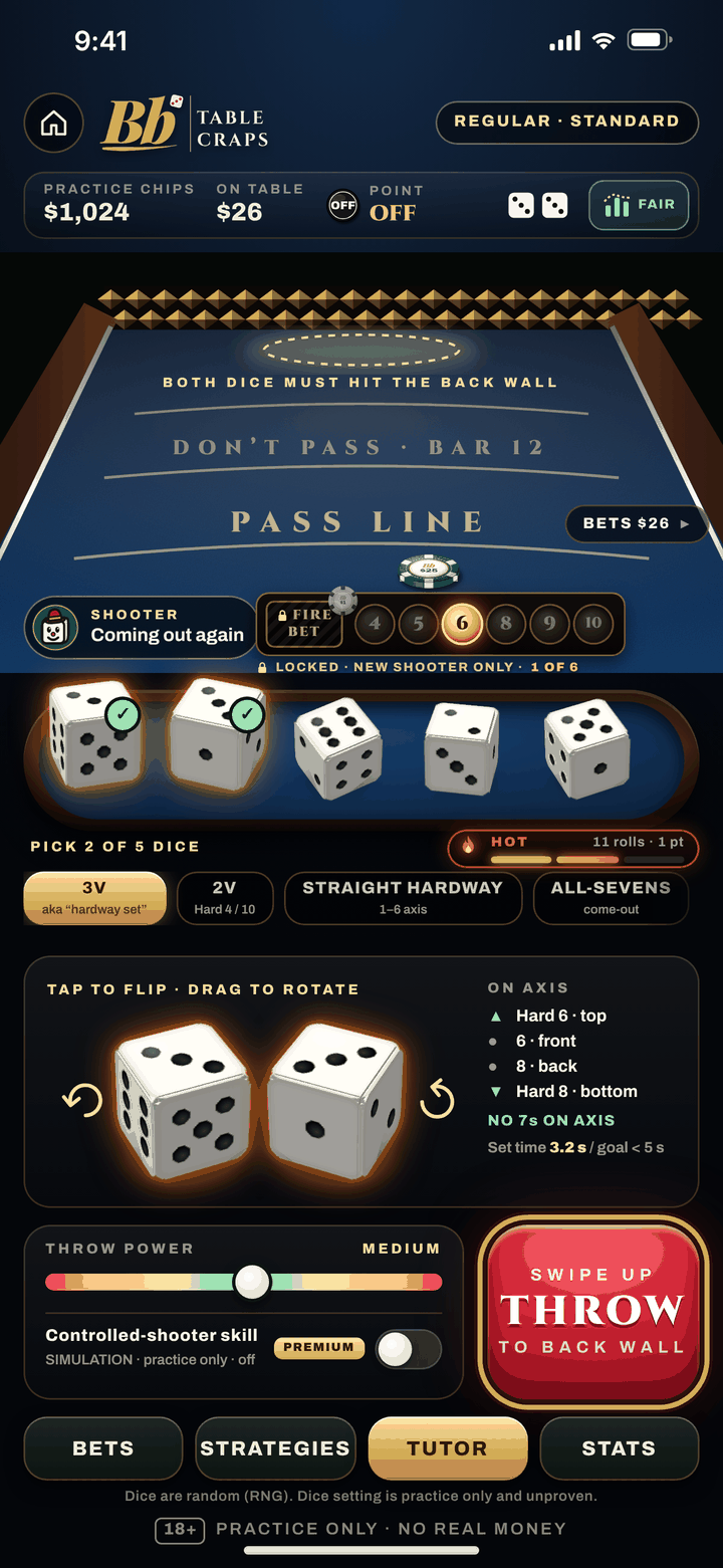 Table Craps shooter screen with the dice bowl and dice-set picker