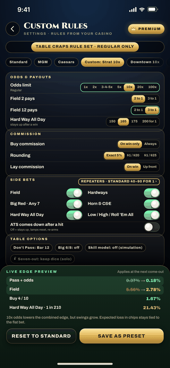 Table Craps Premium Custom Rules