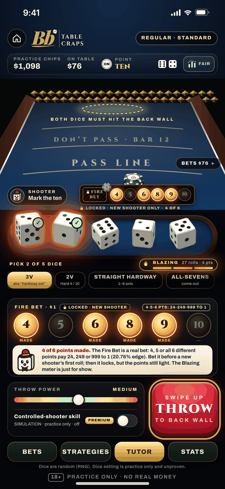 Table Craps Fire Bet tracker with four points lit