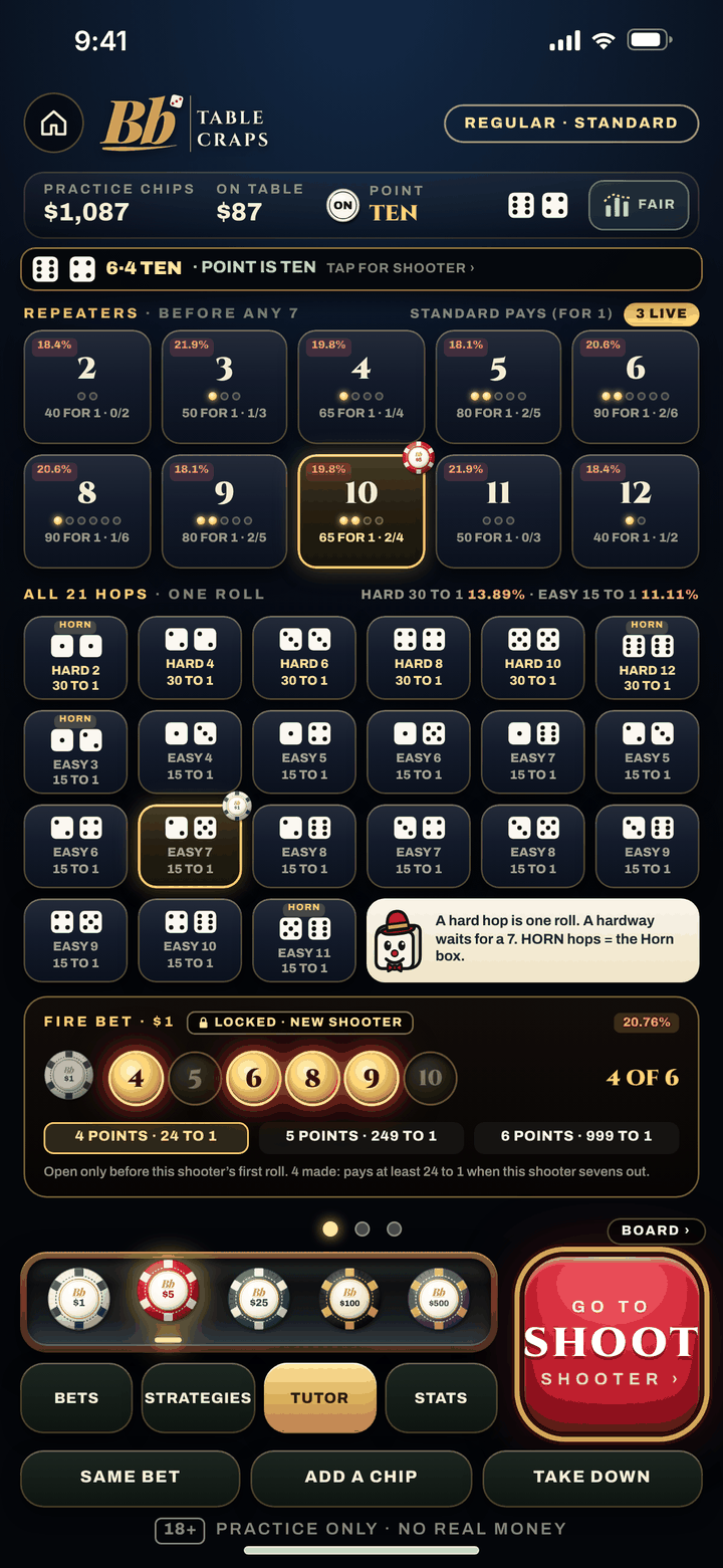 Side bets screen with Repeaters, hops and the Fire Bet