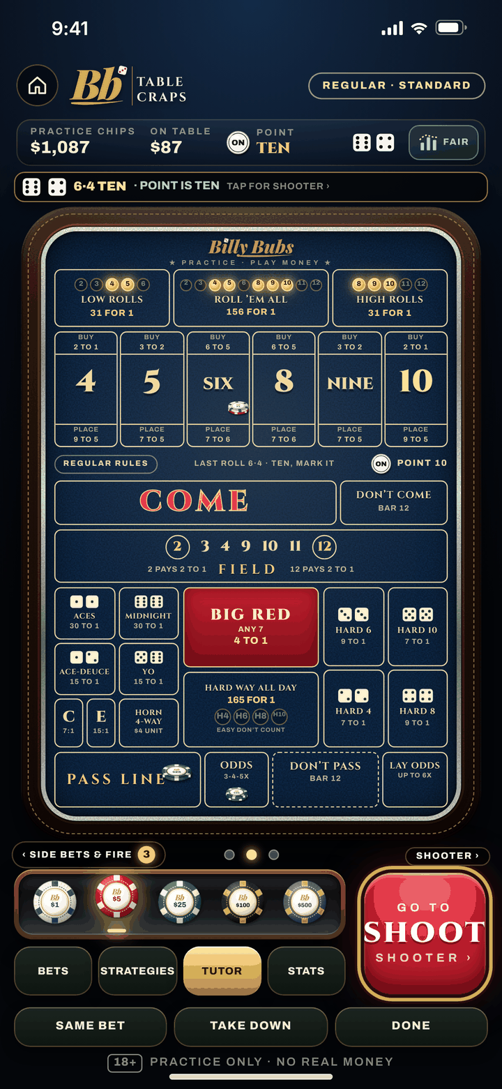 Table Craps betting board